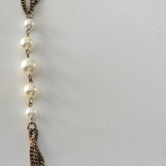 Vintage Faux Pearl Gold Tone Necklace Multi Strand Chain Elegant Costume Jewelry - Picture 8 of 10